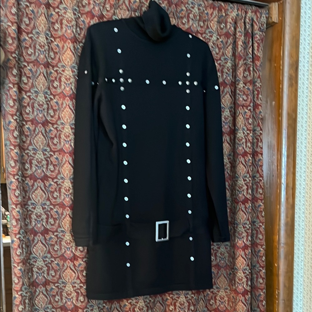 WM XL Black Turtleneck Acrylic Wool Knit Dress Obermeyer Studded Biker Excellent